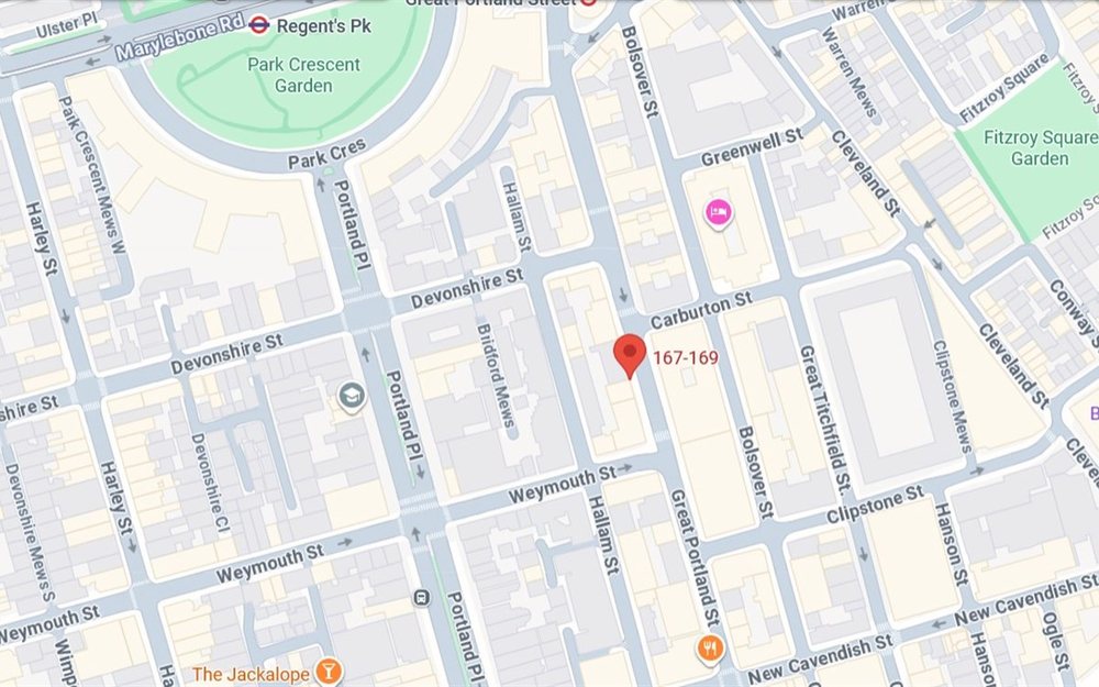 Carte réelle légèrement stylisée autour du 167-169 Great Portland Street à Londres